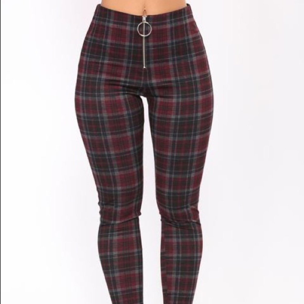 Fashion Nova Black and Burgundy Plaid Zip Leggings